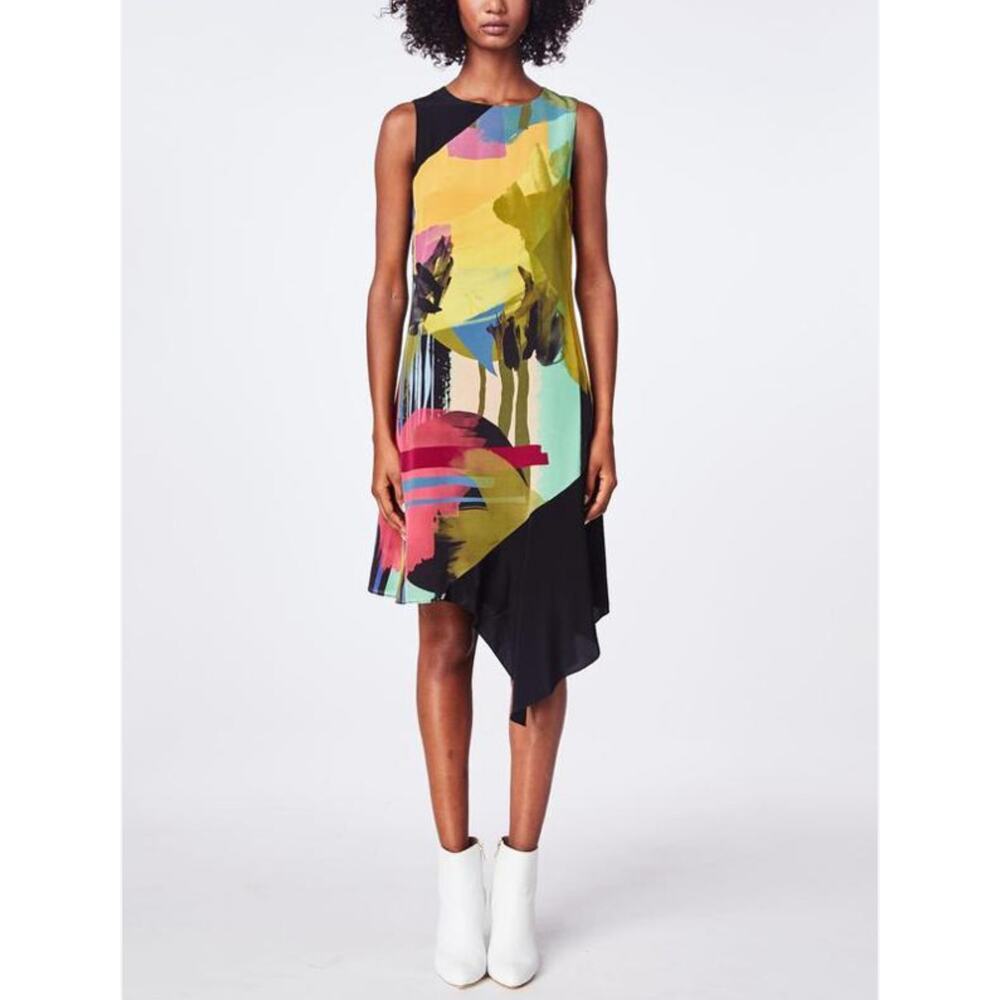 Nicole Miller Small Asymmetric Sheath Dress Black Yellow Silk Blend Abstract